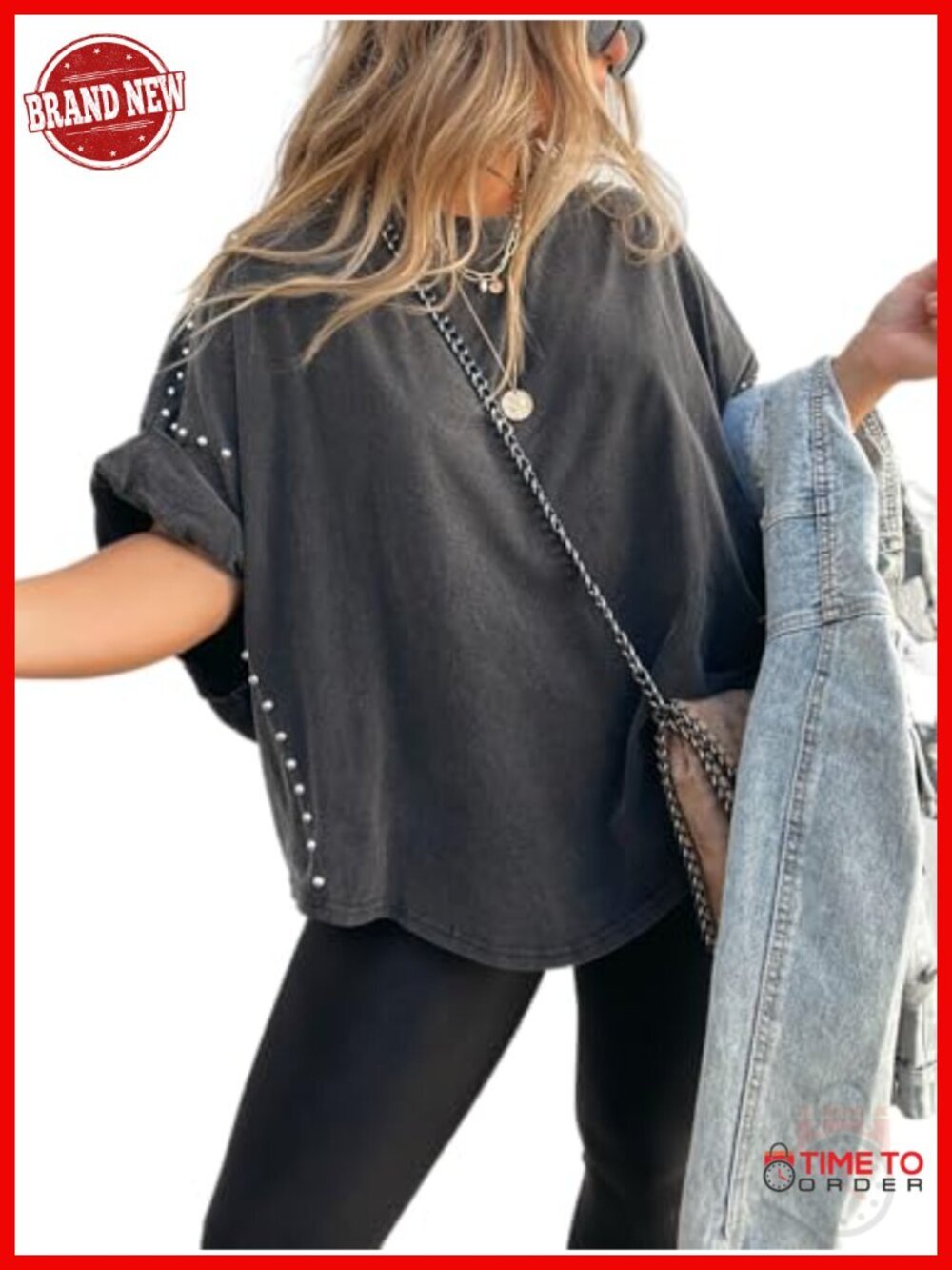 Oversized Batwing Tee with Studded Shoulders Asymmetric Hem Casual Summer Top